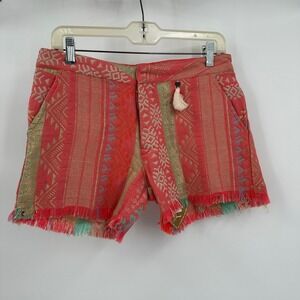 Women Boho Festival Tribal Shorts Sz L Aztec Tassel Fringe Textured Woven Beachy